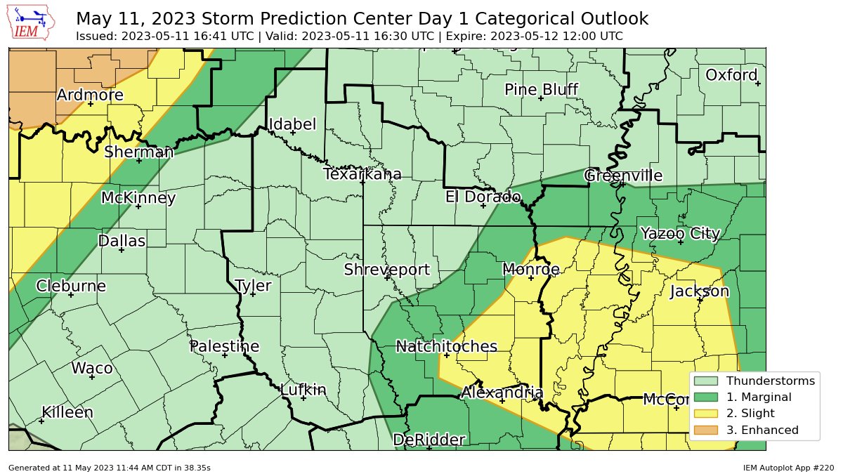 SPC issues Day 1 Slight Convective Risk at May 11, 16:41z for SHV spc.noaa.gov/products/outlo…