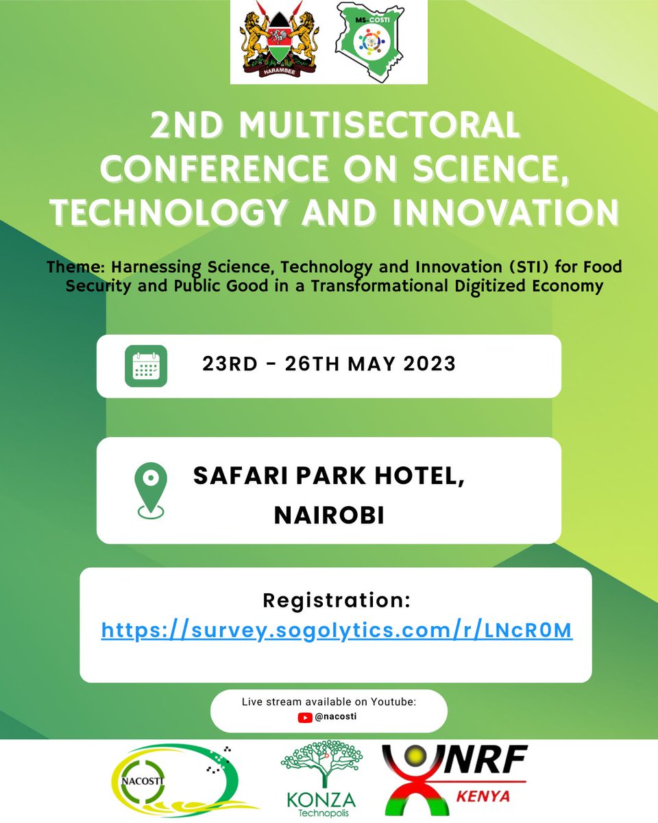 nrfkenya's tweet photo. We are thrilled to host in partnership with @nacosti, the 2nd #STI Conference.
Mark your calendar and register to attend!
#STI #STIConference
#ScienceForProsperity https://t.co/KncApVbqSl