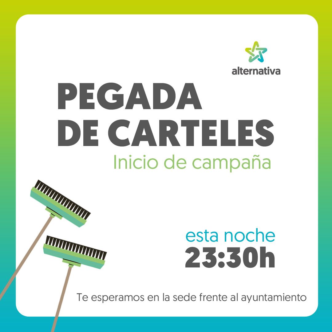 Comienza la campaña electoral 🗳️
Acércate esta noche a la sede de Alternativa y participa en la pegada de carteles. 🪧
Te esperamos a partir de las 23:30 en nuestra sede frente al Ayuntamiento.
#municipalismo #elecciones28m #santomera #somoslagarantía