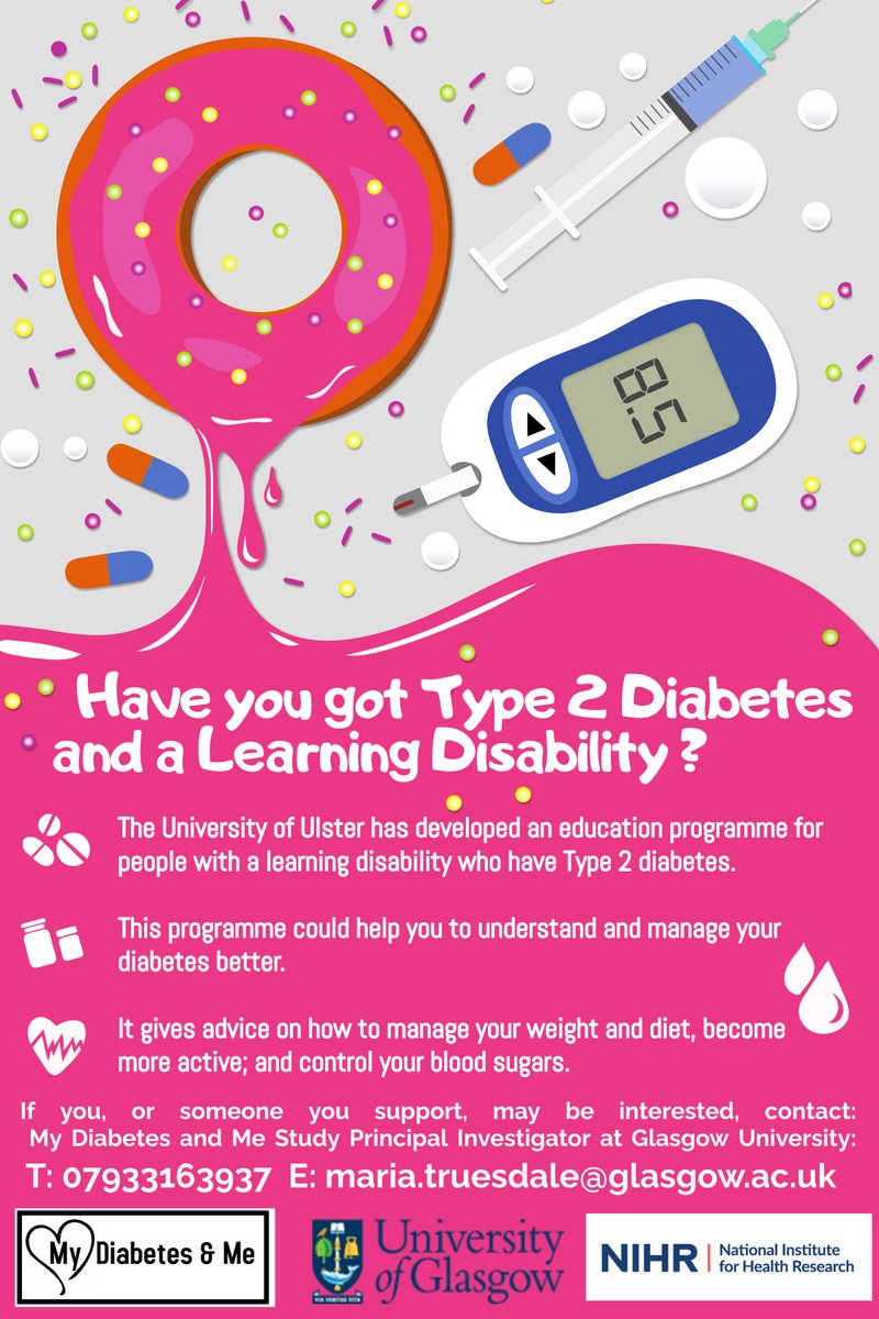 <a href="/UofGSHW/">UofG School of Health & Wellbeing</a>  are  looking for adults with #learningdisabilities &amp; Type 2 diabetes from the Greater #Glasgow area to take part in a new study
 contact details for <a href="/MariaTruesdale4/">Maria Truesdale</a> 

  <a href="/CpScotland/">Cerebral Palsy Scotland</a> <a href="/SCLDNews/">SCLD</a> @chloeawt <a href="/tressaburke/">Tressa Burke</a>
