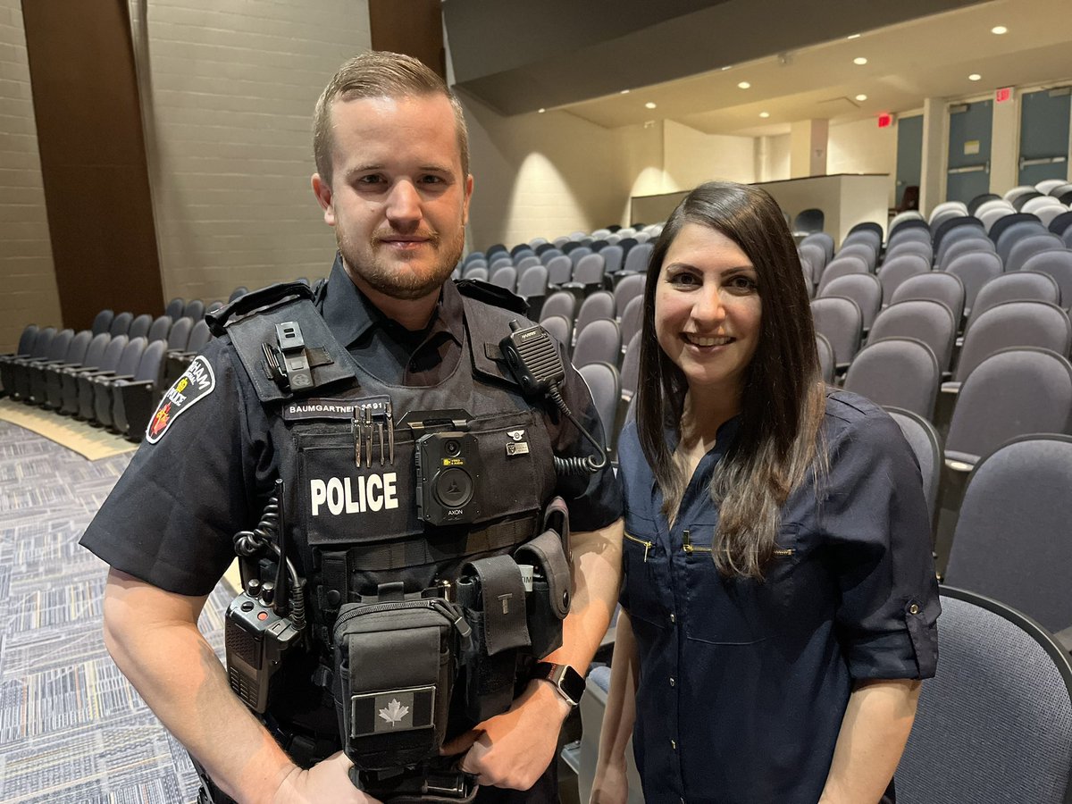 MADDDurham's tweet photo. Chapter President, @trisha_dosaj , spoke to @EastdaleCVI graduating class and shared her story of trauma &amp; loss. She was joined alongside @DRPSRoadSafety Constable Baumgartner who reminded the students to make the right choice, plan ahead, and #DriveSober #projectsafeprom @DRPS https://t.co/17rBc1tTSs