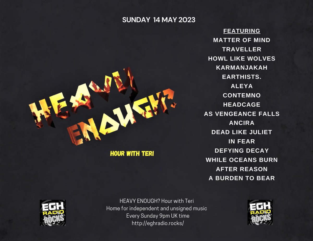 Sunday 9pmBST <a href="/EGHRocks/">KingWan</a> #HeavyEnough Hour 
#ListenHere #worldwide eghradio.rocks/player_stream/

Listen to the new bangers from-
<a href="/MatterOfMindd/">𝐌𝐚𝐭𝐭𝐞𝐫 𝐎𝐟 𝐌𝐢𝐧𝐝</a> #Traveller @howllikewolves_ <a href="/karmanjakah/">Karmanjakah</a> <a href="/EarthistsJP/">Earthists.(アーシスツ)</a> <a href="/aleyauk/">🟣 Aleya 🟣</a> <a href="/ContemnoUk/">Contemno UK</a> <a href="/headcageuk/">headcage</a> +more 
Info: facebook.com/HeavyEnoughHou… 
#NewMusicAlert