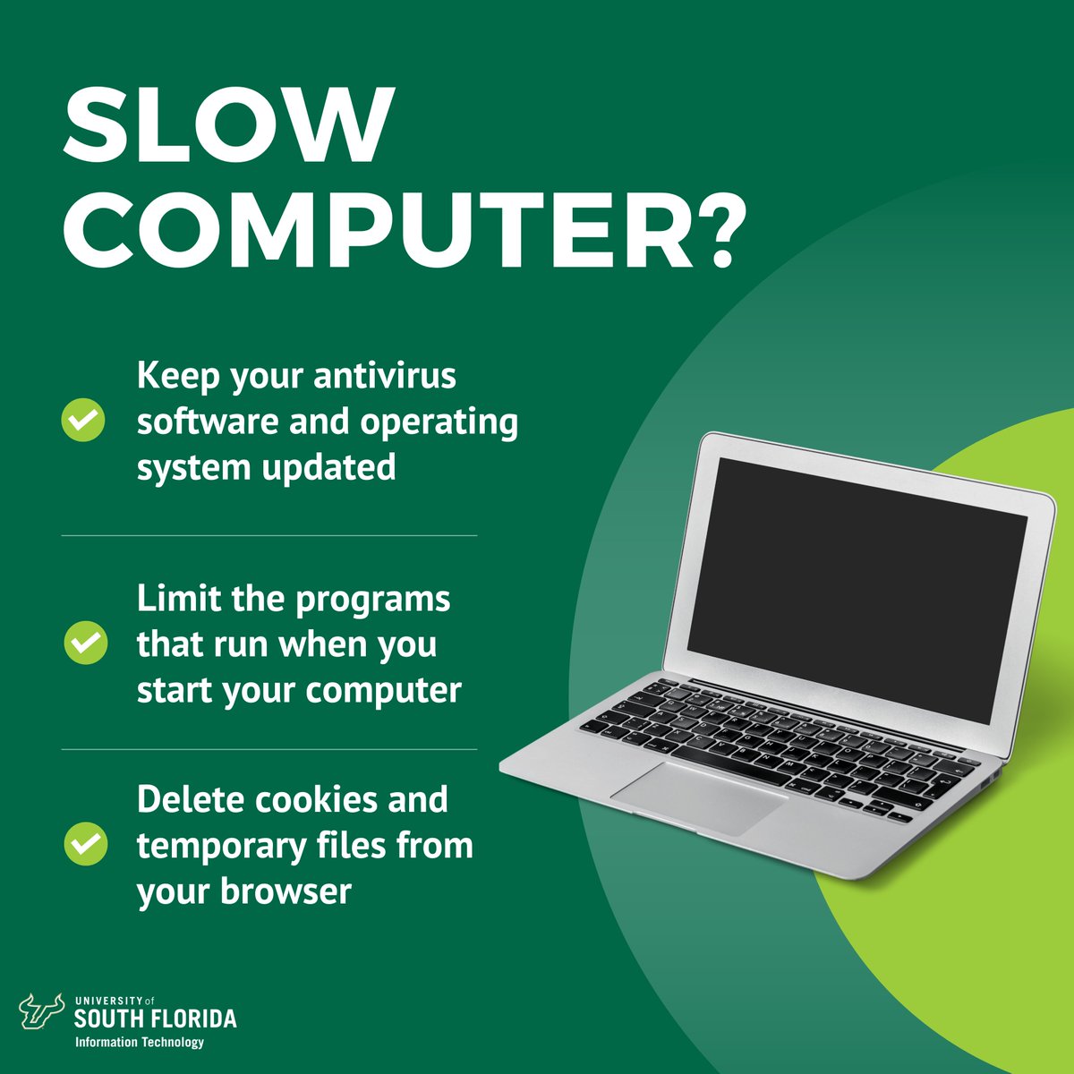 USF_IT's tweet photo. Does it feel like your computer is running slower than normal? Here are a few tips on how to speed things back up! #USF #InformationTechnology #Technology https://t.co/boDaYhiuMv