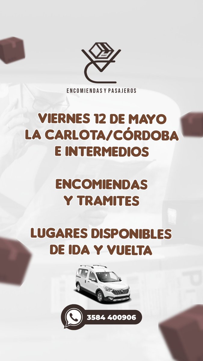 Viernes 12/05 
ENCOMIENDAS, TRAMITES Y TRASLADO DE PASAJEROS!!! 

📱 3584400906
