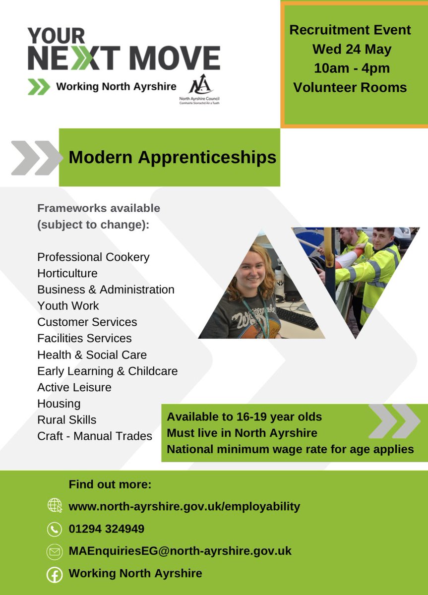 IrvineLegacy's tweet photo. Some brilliant opportunities for Young People 🤩

So many amazing modern apprenticeship vacancies for you to learn new skills, make new friends &amp; Memories all while getting paid!!! 

Pop along and have a nosy if your interested! 🤔

ℹ️ More information Below 👇🏼 https://t.co/NutMDcQ2e7
