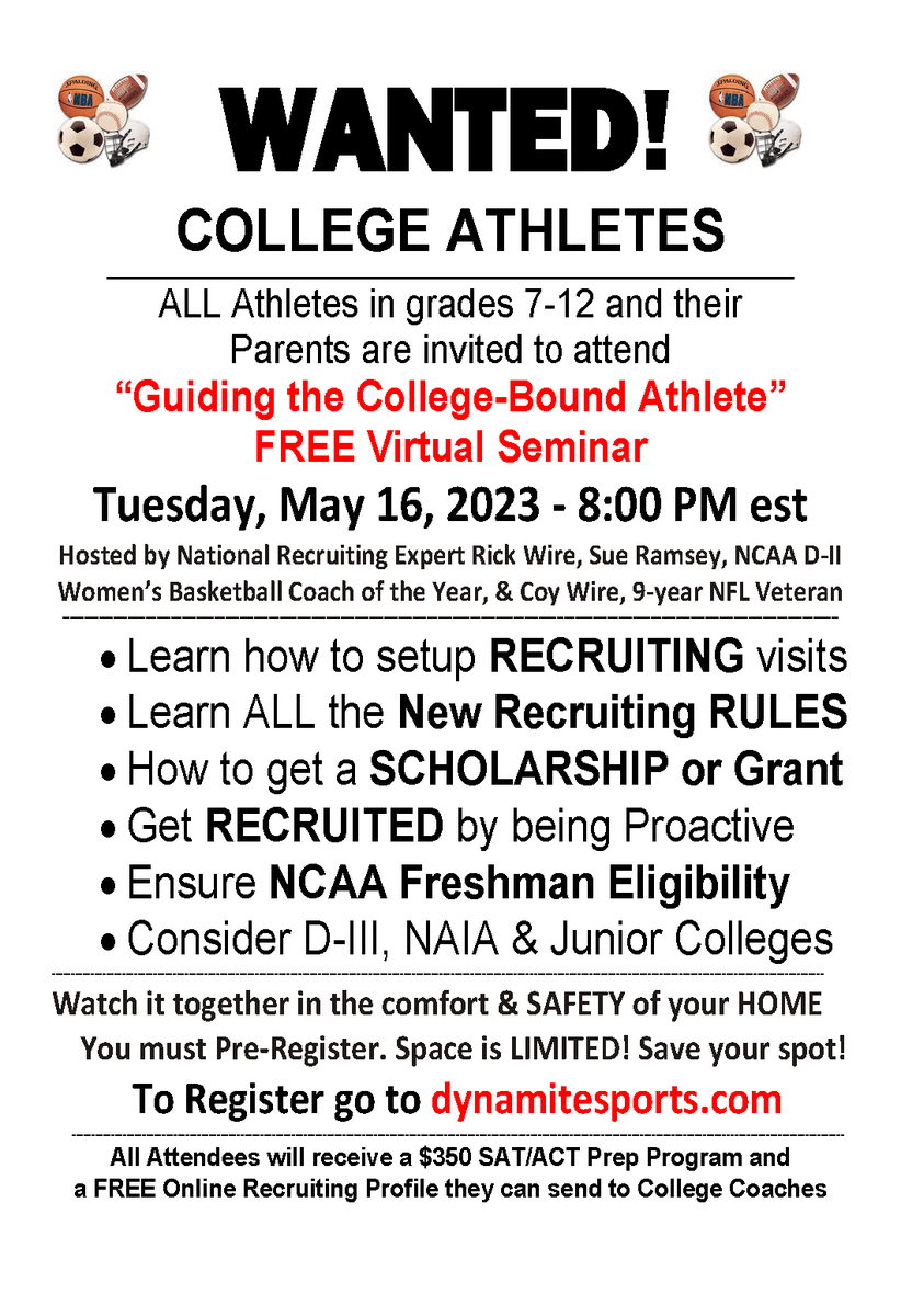DanvilleSchools's tweet image. ATTENTION! Athletes &amp;amp; Parents! If you want to play sports in college you should  register to attend this FREE Virtual “Guiding the College-Bound Athlete” Recruiting Seminar on Tuesday, May 16th at 8 p.m. EST. To register, visit: dynamitesports.com 

More info in thread ⬇️