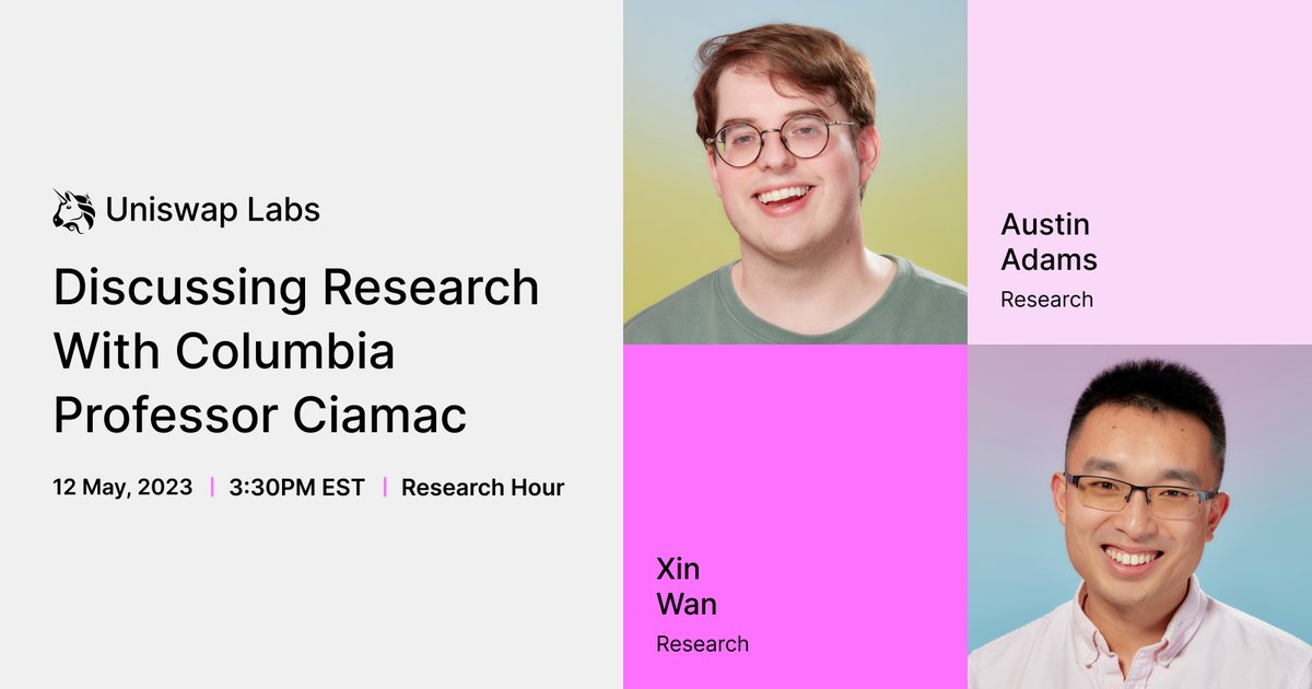 Uniswap's tweet photo. Diving deeper into data gives us the bigger picture.

Tomorrow, our data researchers, @xin__wan &amp; @aadams will sit down with Columbia Professor @ciamac to discuss is work at Columbia, dark pools, impermanent loss, and more 👀 https://t.co/XGO1I6WLKF