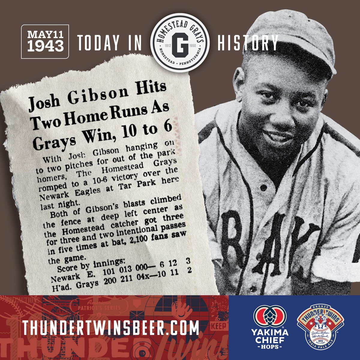 #OTD #HomesteadGrays History: 5.11.43. Josh Gibsons 2 HRs help Grays to 10-6 win vs #Newark. A final tune-up before Josh and Buck Leonard led the Grays to 1st of back-to-back #NegroLeagues #WorldSeries championships. #thundertwinsbeer #IPA @YakimaChief