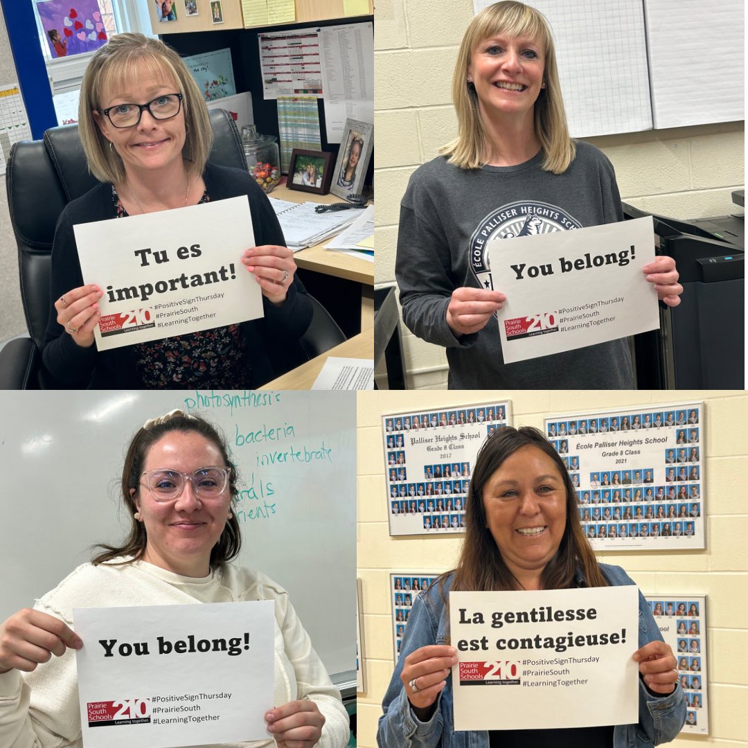 It is #positivesignthursday today in ⁦<a href="/PrairieSouth/">Prairie South</a>⁩. You belong! Tu es important! Thank you to the staff of Ecole Palliser Heights for getting involved this week. #LearningTogether ⁦<a href="/palliserheights/">École Palliser Heights School</a>⁩