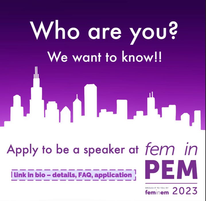 FemInEM (@feminemtweets) on Twitter photo 💥📣DEADLINE APPROACHING!!
MONDAY MAY 15!!!
❤️💙💜
FeminPEM is looking for enthusiastic, interesting, passionate people to give a 10-12 minute “TED-style” presentation at the 3rd annual conference in September 22, 2023 in Chicago.
❤️💜💙
Questions?? email feminpem@cchmc.org 💥📣DEADLINE APPROACHING!!
MONDAY MAY 15!!!
❤️💙💜
FeminPEM is looking for enthusiastic, interesting, passionate people to give a 10-12 minute “TED-style” presentation at the 3rd annual conference in September 22, 2023 in Chicago.
❤️💜💙
Questions?? email feminpem@cchmc.org