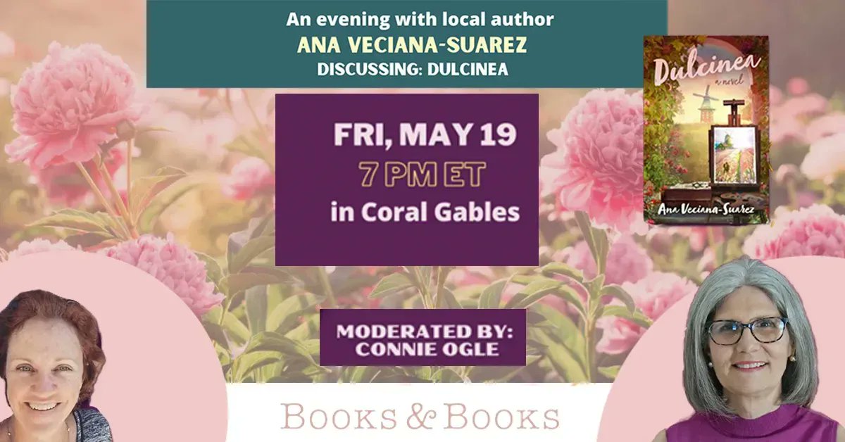 Calling all #CoralGables residents!  In honor of the release of #DULCINEA there will be a book signing event at <a href="/BooksandBooks/">Books & Books</a> on 5/19 with <a href="/AnaVeciana/">Ana Veciana-Suarez</a> and @OgleConnie! 🌸
Event👉buff.ly/3ptHENk 
📕👉buff.ly/3JaxNUi