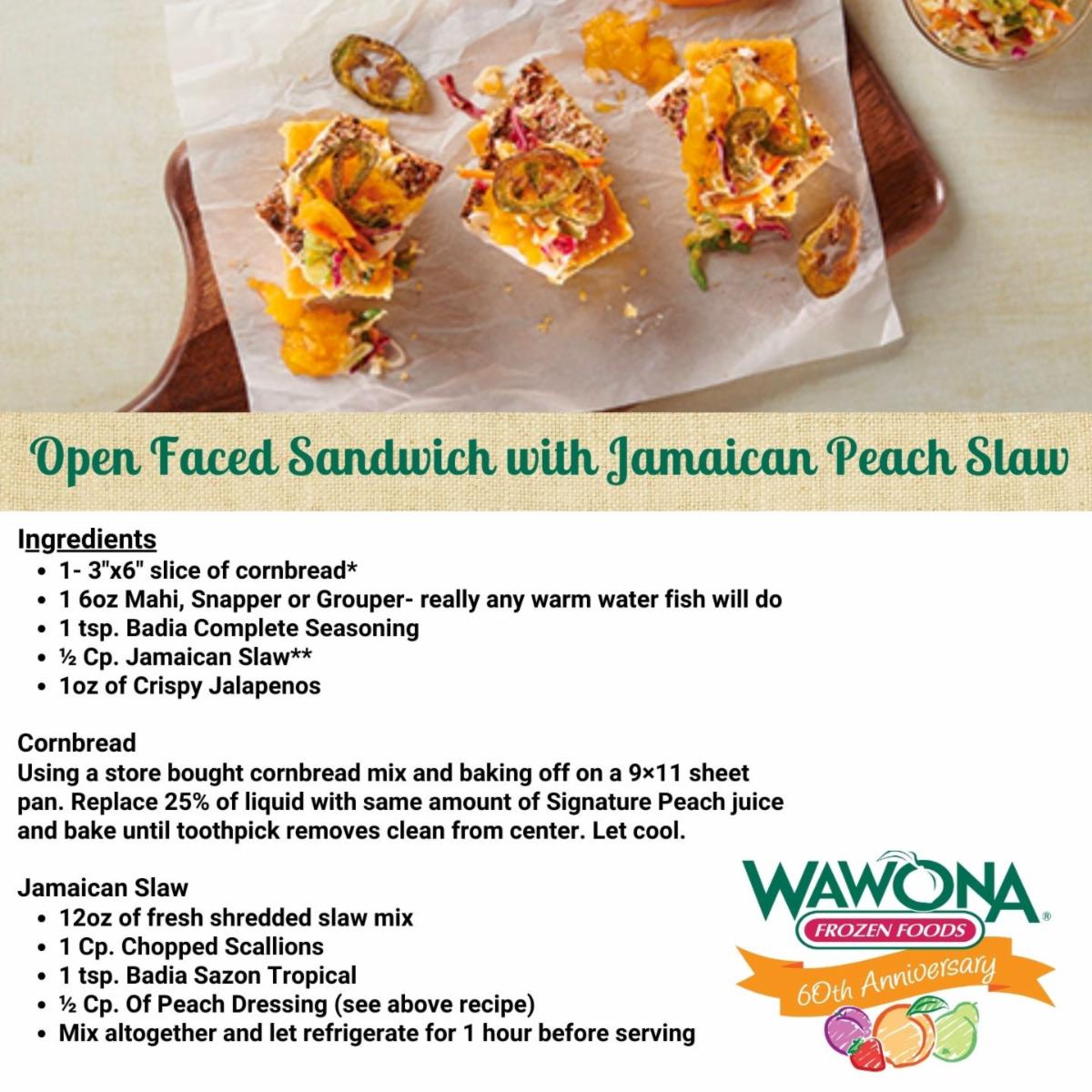 Our Recipe of the Month is Open Faced Caribbean Fish on Grilled Cornbread with Jamaican Peach Slaw!