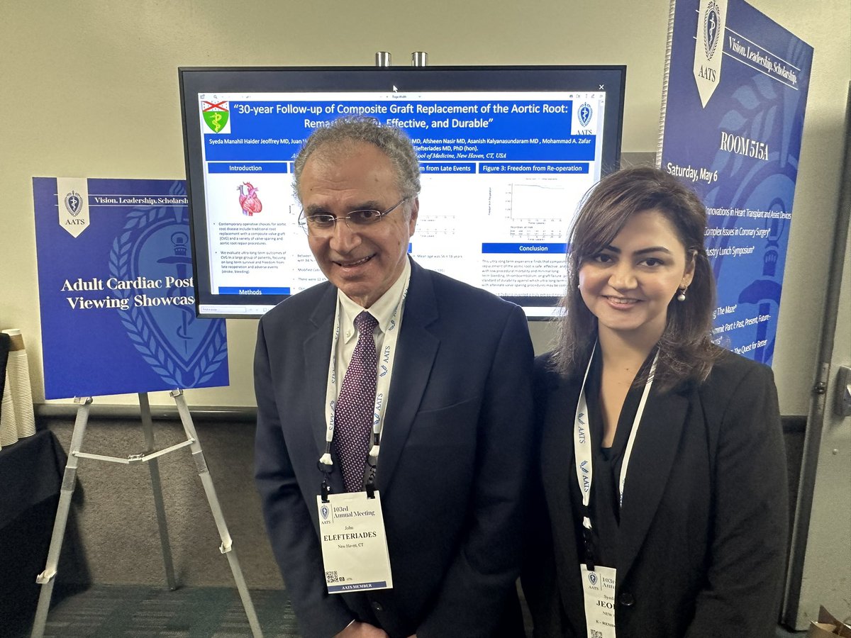 SyedaJeoffrey's tweet photo. My first #AATS2023 meeting was truly an educational and inspiring experience where I got to present my poster infront of leaders and pioneers. I’m immensely privileged to have an exceptional mentor @JElefteriades who is undoubtedly a role model to look up to! @YaleCardiacSurg https://t.co/cbxF1TF5Pi