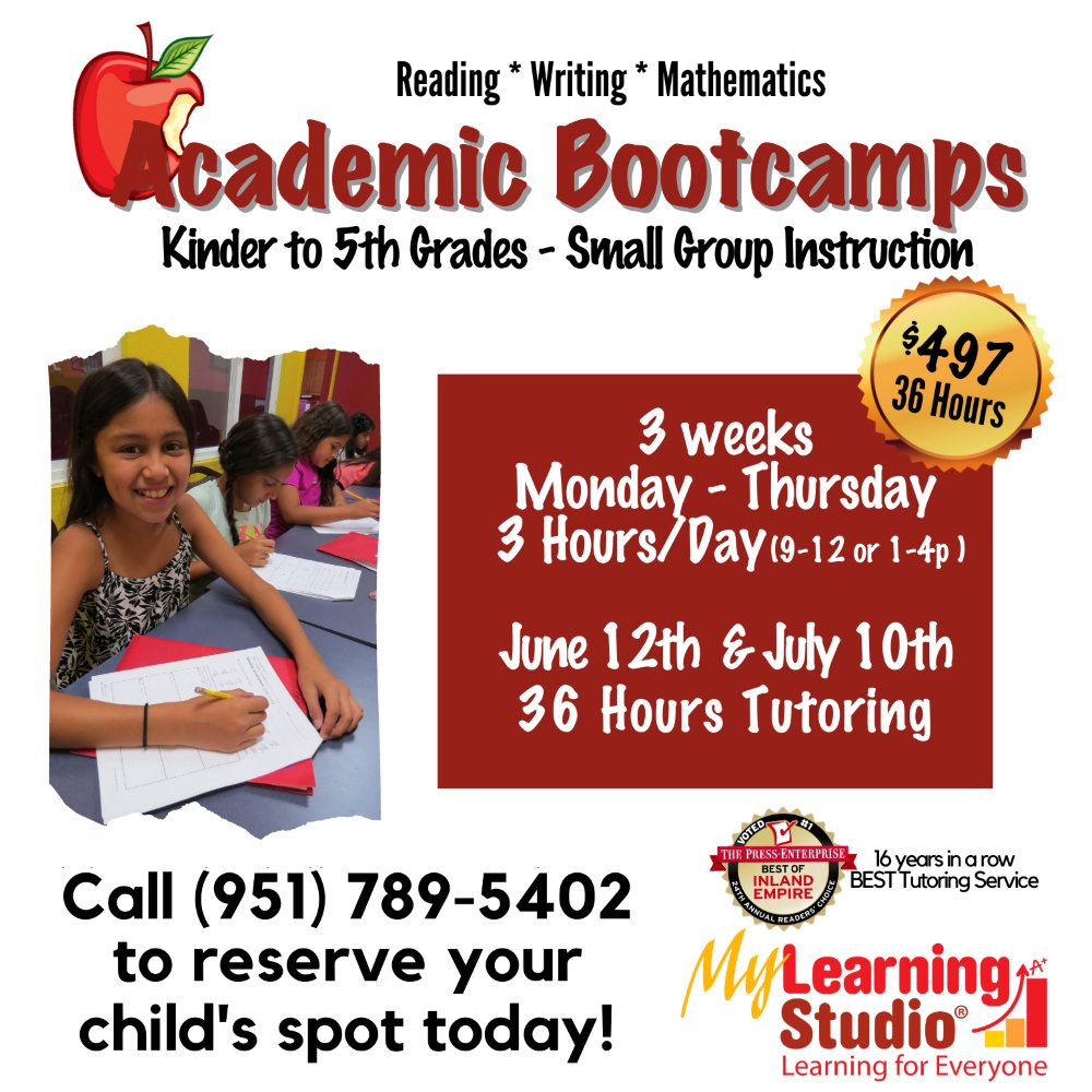 My_Learn_Studio's tweet image. 🍎✏️📖 We highly recommend our popular 😎 Summer Academic Bootcamps for all Kinder-5th grade students to ensure success next school year!

Call 951-789-5402 to reserve your child&apos;s spot today!
MyLearningStudio.com

#MyLearningStudio #tutoring #elementaryschool #summertutoring