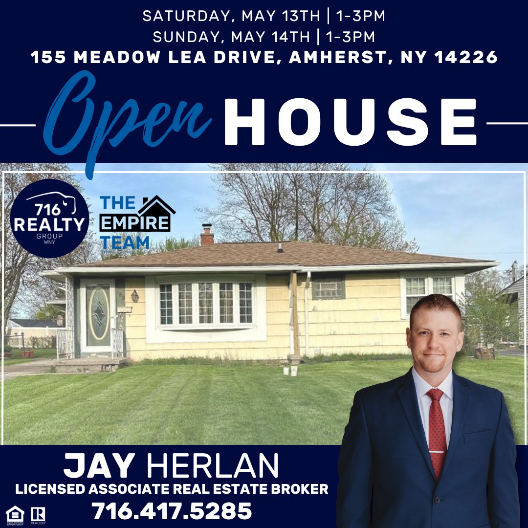 🚨OPEN HOUSE🚨
🏠155 Meadow Lea Drive, Amherst, NY 14226
💰$169,999
📆Saturday, May 13th
⏰1-3PM
📆Sunday, May 14th 
⏰1-3PM
#716RealtyGroupWNY #OpenHouse #BuywithUs #SellwithUs #TrustUs