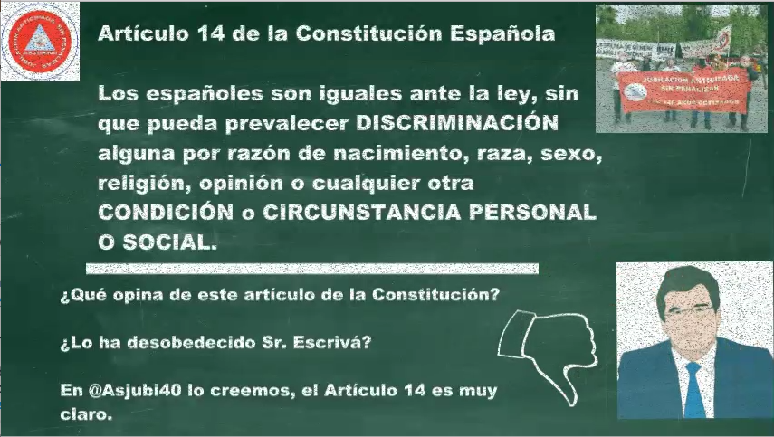 asjubi40's tweet photo. Sres. @joseluisescriva @sanchezcastejon Ya está más cerca nuestra #redención de la #CADENAPERPETUA que padecemos Está próximo nuestro #indulto queda un día menos @asjubi40 espera respuesta de #Europa Estamos #DISCRIMINADOS nos hemos visto obligados a jubilarnos anticipadamente https://t.co/4WSfp3VGhy
