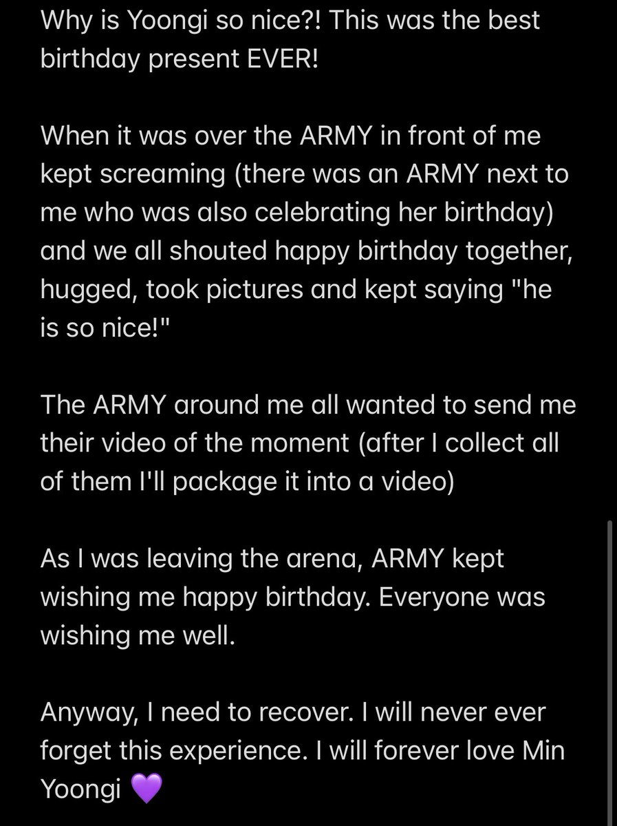 _judyknows's tweet photo. A lucky ARMY had Yoongi and the entire KIA Forum singing Happy Birthday to her last night. She shared her experiences in Chinese and it was so cute I wanted to translate the whole thing 

I finally know how our ARMY translators feel when they translate for BTS 🥺 https://t.co/GsuMgxSBuh
