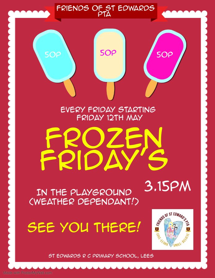 Frozen Fridays are back from tomorrow 

Pop along after school in the main playground 👍

🌞🍦50p each 🌞🍦

We accept cash /bank transfer/paypal (as a friend) or card 🤑

<a href="/stedwardsrc/">St Edward's RC</a> 
<a href="/FriendsOfStEd/">FOSE</a>