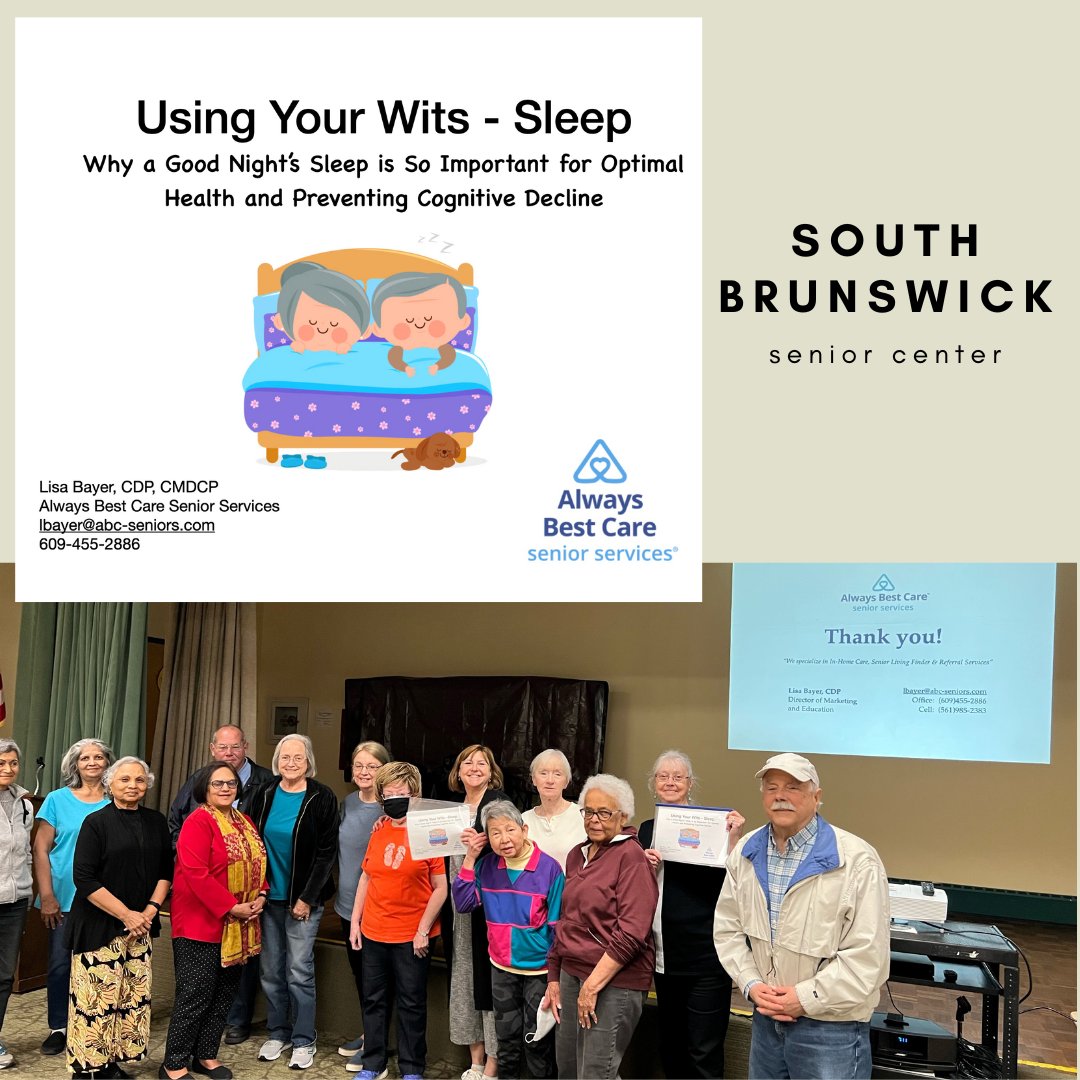 We are honored to be a community resource to our local community. 

#CognitiveDecline #SouthBrunswick #SeniorCenter #Prevention #EducationalSeminar #Health #Sleep #InHomeCare #HomeCare #FunActivitiesForSeniors