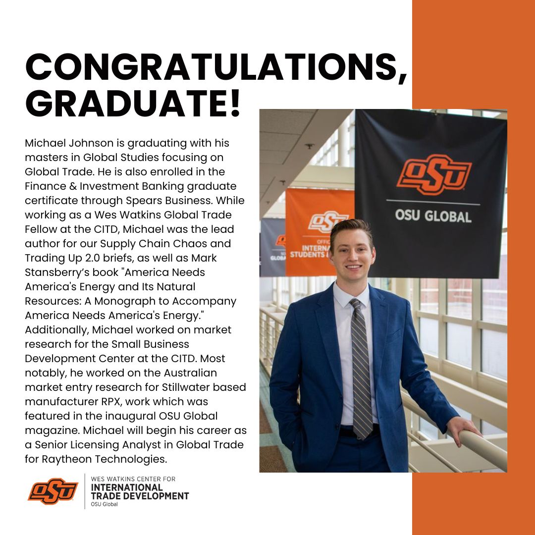 OSUCITD's tweet image. This week we will be highlighting two of our graduate research assistants who will be graduating this Friday with their master&apos;s degree in Global Studies. We are so proud of them and are excited to see what they will be doing next! Next up, Michael Johnson!