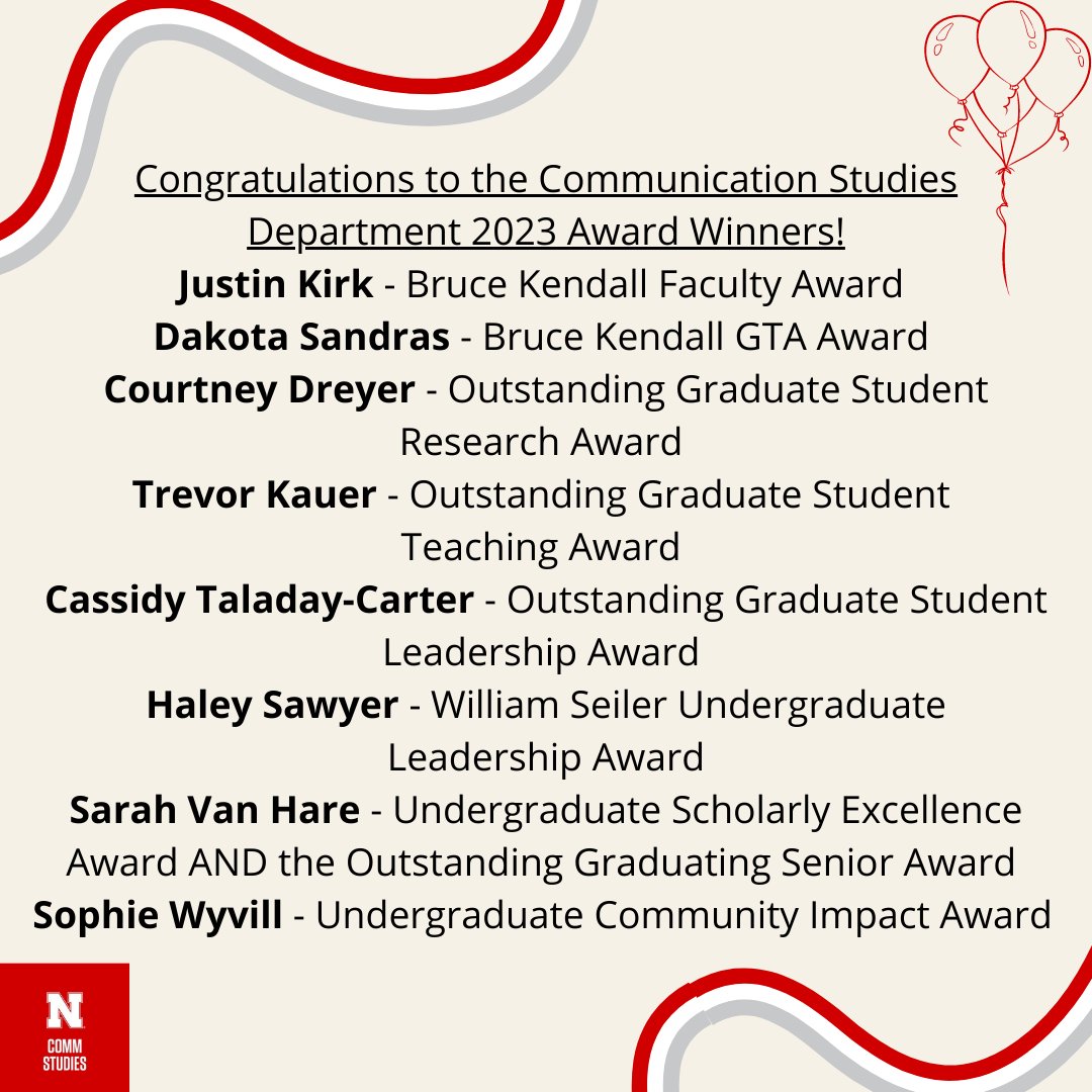 UNLCommDept's tweet image. Congratulations to the Communication Studies Department 2023 Award Winners!!!

#communicationstudies #commstudies #communication #comm #undergraduatestudent #undergraduate #undergrad #graduatestudent #graduatestudies #gradstudies #nebraska #huskers #cornhuskers #unl #lincoln #lnk