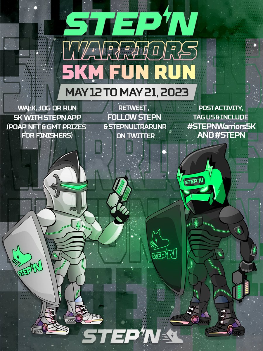 OkayUltraRunner's tweet photo. ⚡️May’s @Stepnofficial Warrior 5K⚔️ Move 5K w/ #STEPN app📱&amp; post proof in the comments👇

🔂RT, Like &amp; Include #STEPN &amp; #STEPNwarrior5K
🎟️300GMT
🪂POAP for all, complete this form: https://t.co/zz50owLfrO
👑@solana NFT for Warriors-most distance in single STEPN session🔟 Winners https://t.co/5j7fSjDkdu