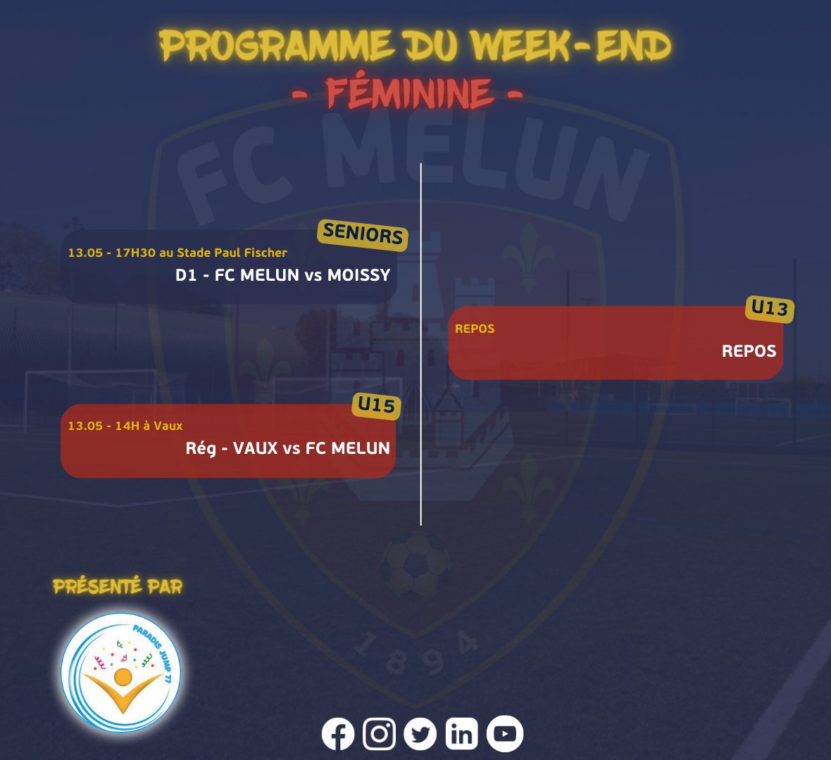 🗓Planning des matchs du week-end 💥

Notre partenaire @paradisjump a le plaisir de vous annoncer le planning des rencontres de cette fin de semaine.

👶Pôle école de foot
👦Pôle pré-formation
🧔‍♂️Pôle formation
👩‍🦰Pôle féminin

Bon week-end à tous !

#TeamFCMelun ❤️💙