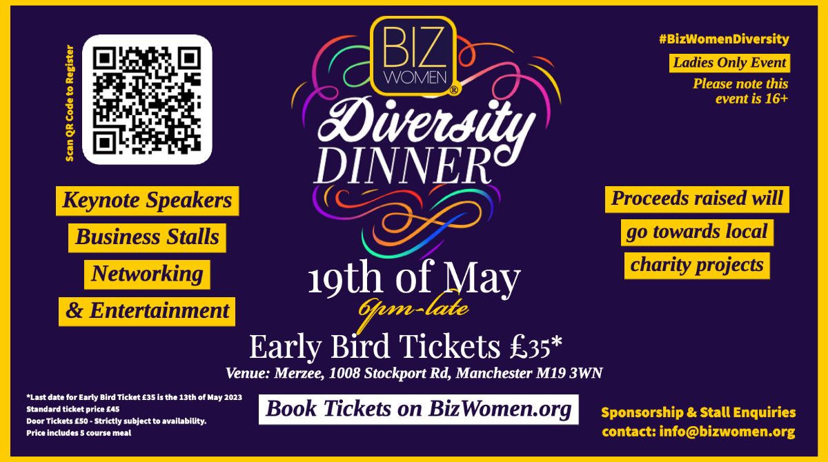 _BizWomen's tweet photo. Come join us on the 19th of May for our Biz Women® Diversity dinner celebrating #Diversity  in business and promoting #inclusivity  in workplaces. 

#bizwomen #womeninbusiness #MANCHESTER #manchesterevents #networking #womenempowerment  #DiversityandInclusion #business #women https://t.co/44QKGn4BmG