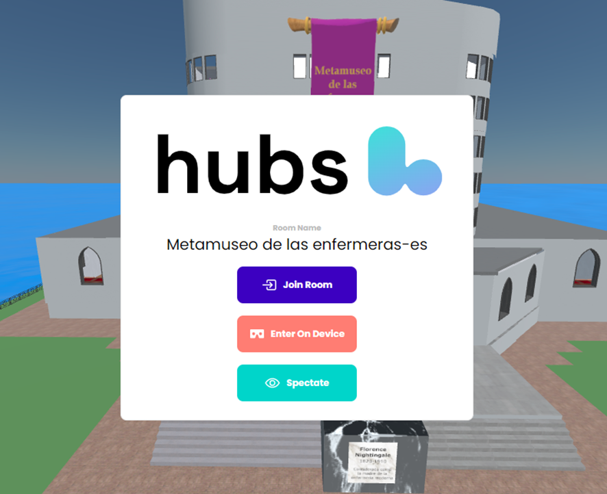 museo_enfermera's tweet photo. Para entrar al metamuseo, si lo haces a través de PC o móvil, hay que clicar “Join Room”, mientras que si lo haces con las gafas de RV, has de clicar “Enter on Device”. La opción de "Spectate" es para quedarte en el lobby sin moverte. https://t.co/ekFTMn7YV6