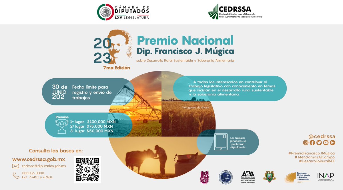 CEDRSSA's tweet photo. #CEDRSSA invita a investigadores, académicos, estudiantes, organizaciones de productores rurales, e interesados en gral en el #DesarrolloRuralSustentable y #SoberaníaAlimentaria a participar en: #PremioNacional #PremioFranciscoJMúgica, 2023.
#Convocatoria: https://t.co/futT2wRhy2 https://t.co/yLFJOlFDuS