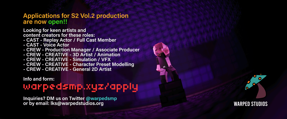 WarpedSMP's tweet photo. @WarpedSMP Applications are OPEN for creative crew &amp; cast for S2 Vol.2 &amp; the Grand Finale! 
→ https://t.co/lljBnLoOhN 
#WarpedSMPApplications #WarpedSMP #minecraft #animation #smp #b3d #webseries https://t.co/fLjDvWTSsE