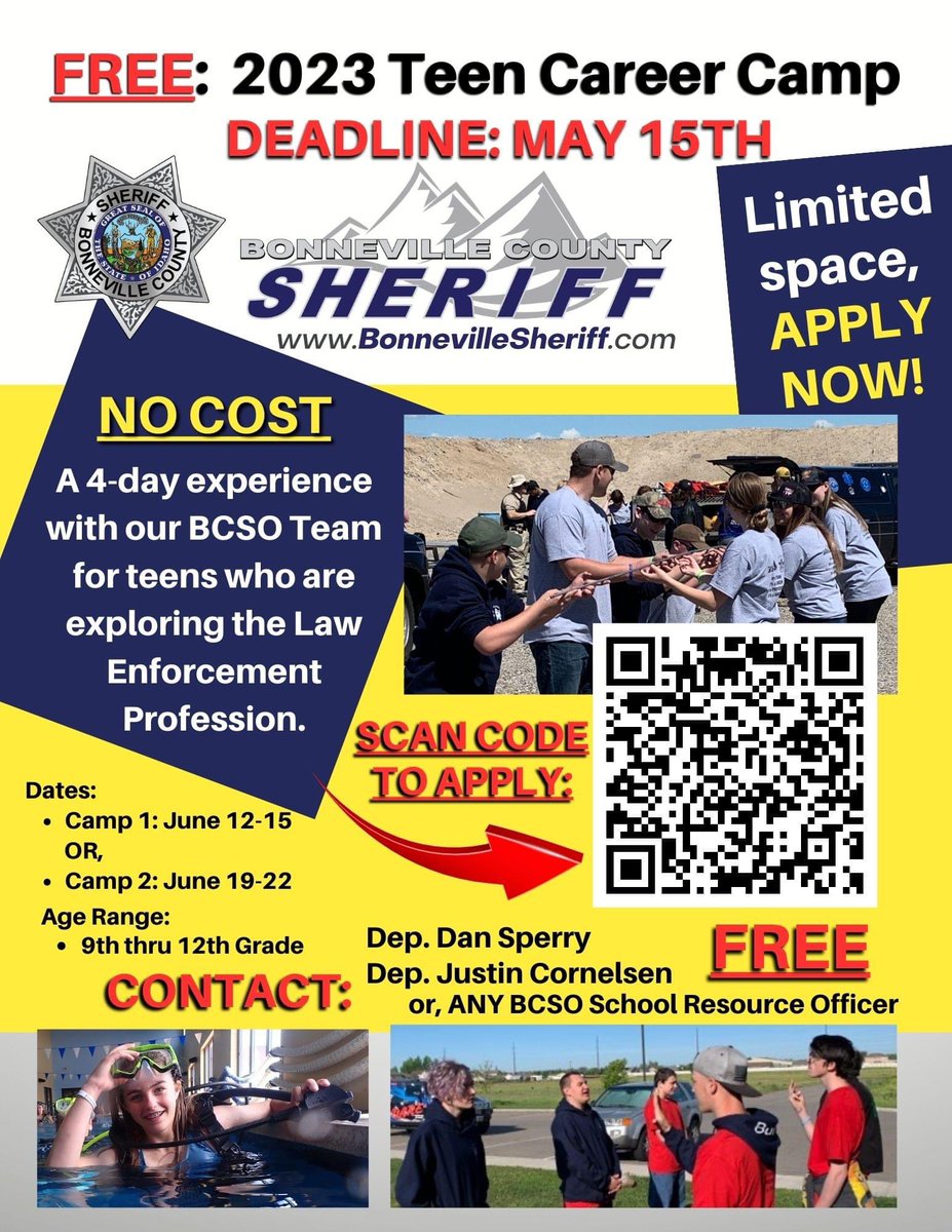BonnevilleCSO's tweet photo. Teens! Deadline to apply for this years career camp is Monday!  Come experience 4 days of what our BCSO Team does, two opportunities to participate in June. Details below! #BCSOTeam #BCSOCareercamp #BCSOFamily https://t.co/4QtXN3XN9o