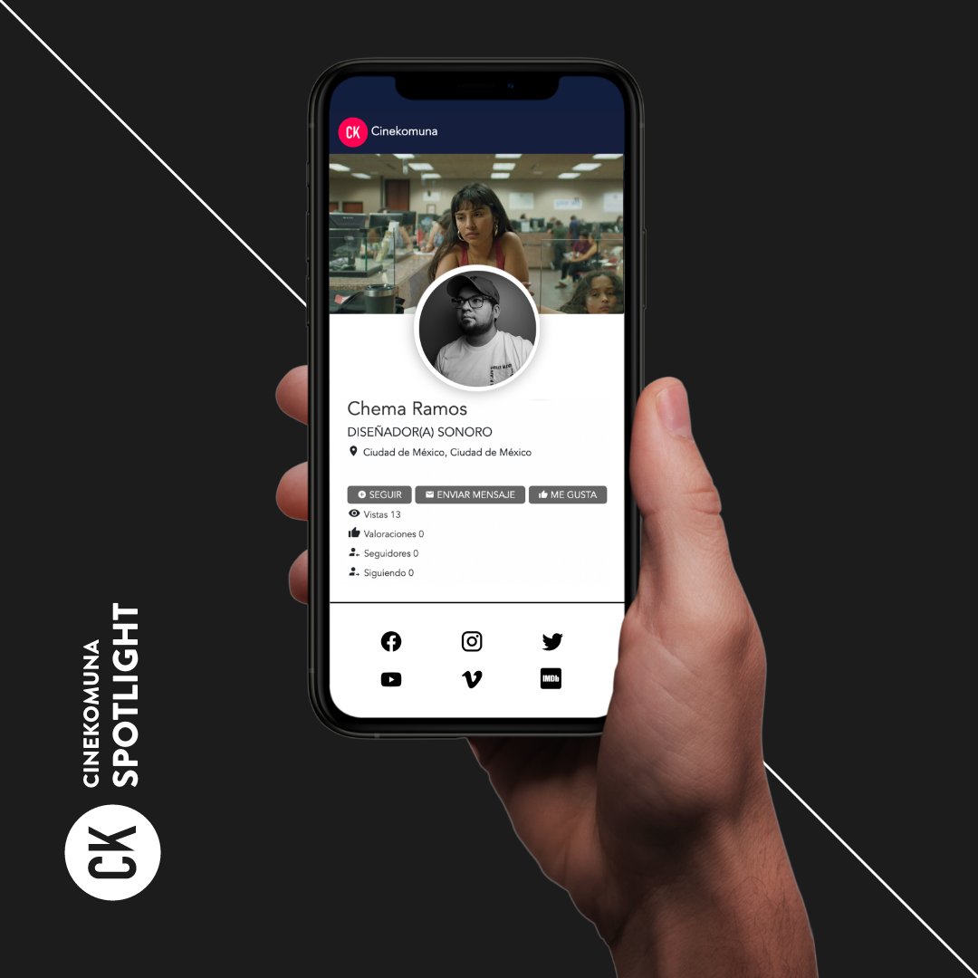 SPOTLIGHTS - CREW 

Es para nosotros un placer darle la bienvenida a Cinekomuna al diseñador sonoro y sonidista Chema Ramos!

Para conocer más de su trabajo, te invitamos a visitar su perfil en la plataforma.  

cinekomuna.com 

¡Crea tu perfil!