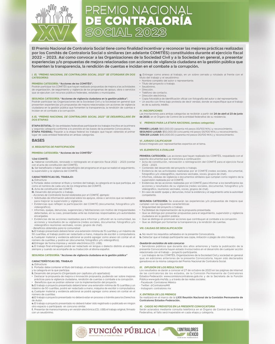 SFPTlaxcala's tweet image. ¡Ya está aquí el XV Concurso Nacional #ContraloríaSocial 2023! 🙌🏻
Podrás ganar hasta 60 mil pesos por presentar tus propuestas o experiencias relacionadas a la #VigilanciaCiudadana 🧐en la gestión pública que fomenten la #transparencia y rendición de cuentas. 🔎🧾