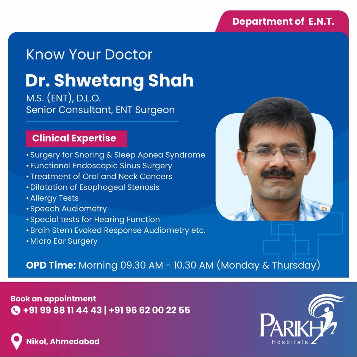 Meet Dr. Shwetang Shah - a highly trained Specialist ENT at Parikh Hospital, Nikol, Ahmedabad. #ParikhHospital #nikol #ent #HealthCare #hospital #bestdoctor #Allergy #Entdoctor #Ent #ear #nose #throat #infection #earproblem