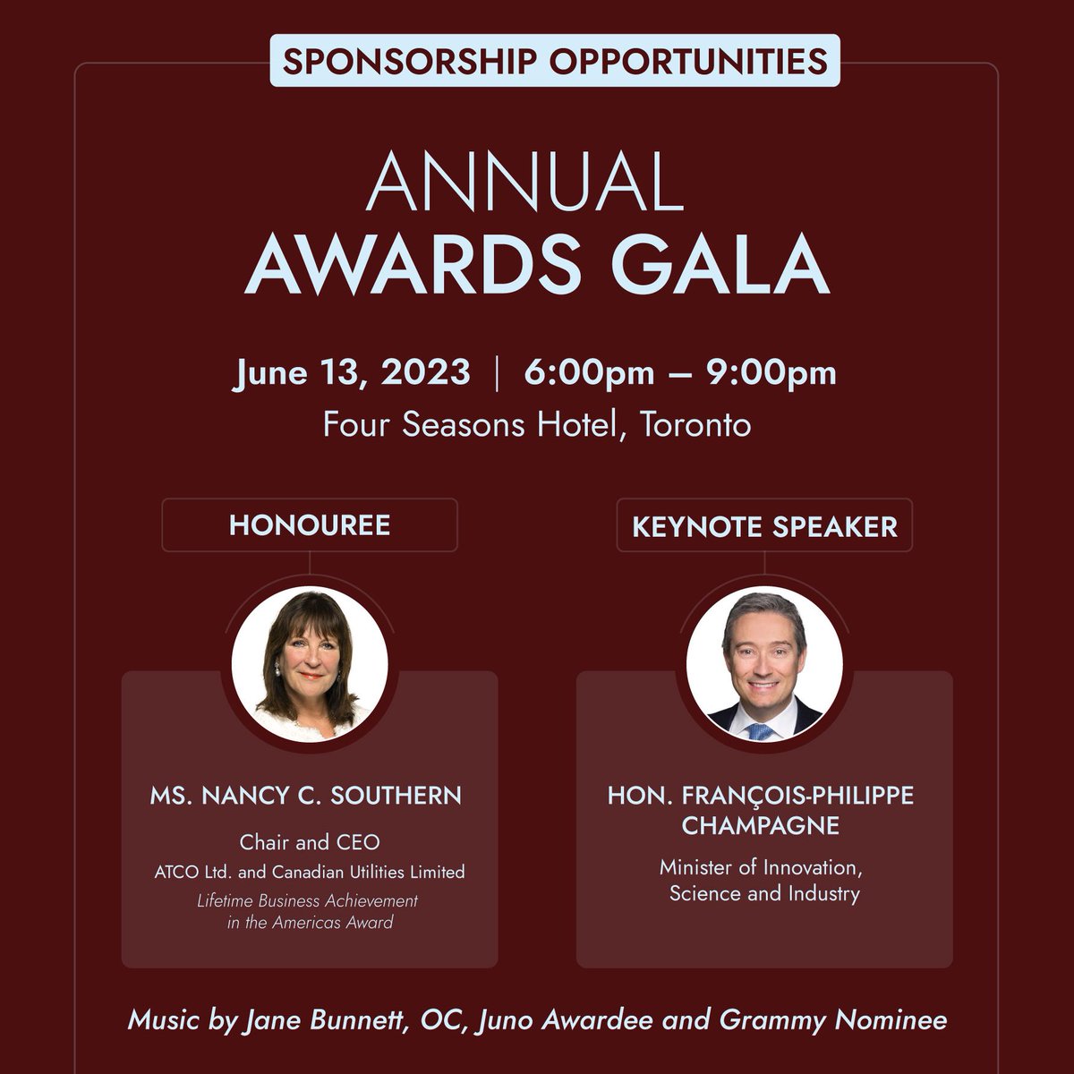 Canadian Council for the Americas (@ccacanada) on Twitter photo CCA Annual Awards Gala on June 13 will honour Ms. Nancy Southern of <a href="/ATCO/">ATCO</a> w/ Lifetime Business Achievement in the Americas Award
Keynote address by Minister <a href="/FP_Champagne/">François-Philippe Champagne (FPC) 🇨🇦</a>
Music by <a href="/bunnettjane/">Jane Bunnett</a>, OC, Juno Awardee and Grammy Nominee
Contact: awardsgala@ccacanada.com
#CCAGala CCA Annual Awards Gala on June 13 will honour Ms. Nancy Southern of <a href="/ATCO/">ATCO</a> w/ Lifetime Business Achievement in the Americas Award
Keynote address by Minister <a href="/FP_Champagne/">François-Philippe Champagne (FPC) 🇨🇦</a>
Music by <a href="/bunnettjane/">Jane Bunnett</a>, OC, Juno Awardee and Grammy Nominee
Contact: awardsgala@ccacanada.com
#CCAGala