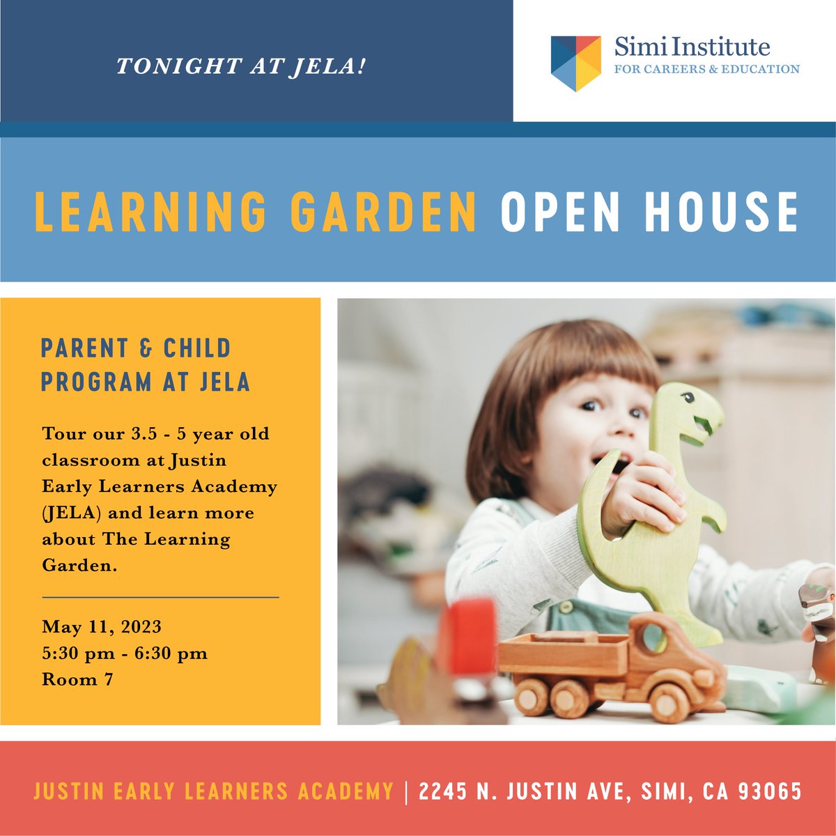 Looking for a warm and welcoming environment to grow alongside your child? Searching for a half-day alternative to TK? Tour our 3.5-5 year old classroom at Justin Early Learners Academy and learn more about this fantastic program.

JELA Open House: May 11 | 530 pm-6:30 pm | Rm. 7