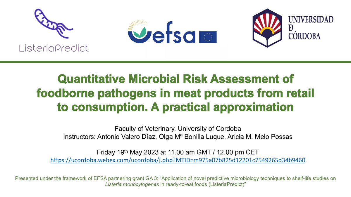 HibroResearch's tweet photo. Researchers from the @HibroResearch are organizing a webinar at the @Univcordoba entitled: "Quantitative Microbial Risk Assessment of foodborne pathogens in meat products from retail to consumption. A practical approximation"

Available on line:
https://t.co/eSSwG30vTL https://t.co/YoeFVGsSDy