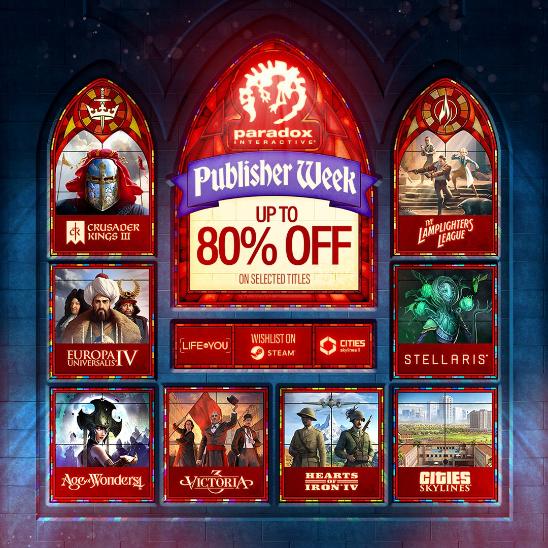 Pssst. Want some games? 👀 We're holding a massive Publisher Week sale on Steam right now! Go ahead and grab our titles at up to 80% discounts! store.steampowered.com/sale/paradoxpu…