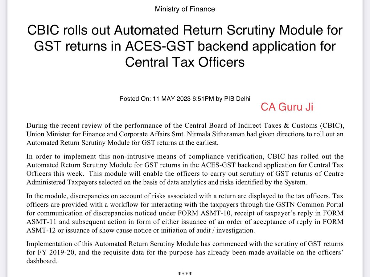 cagurujii's tweet photo. New Era of GST “Automated Scrutiny Notices under GST”.
Started for FY 2019-20.
Let’s see how it will work, as in case of this type of automated notice reply is to be submitted in specified form having specified columns only
#GST #caguruji #gstproblems https://t.co/mfB3ZLpCJu