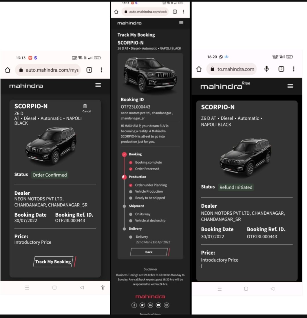 PMadhavi1980's tweet photo. Hi @anandmahindra Sir,

This is regarding my Booking I'd OTF23L000443/Scorpio N Z6 D AT/Napoli Black/P Madhavi
Please read entire content patiencely by zooming the image attached as we are patiencely waiting for Vehicle to deliver.

@Mahindra_Auto 
@18002096006 
#bookingsupport https://t.co/GTQnULnjGq