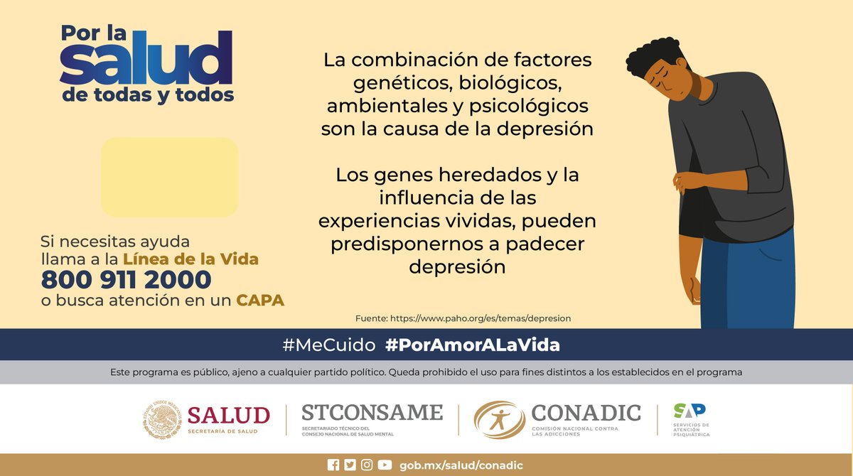 SSalud_mx's tweet photo. #PorLaSaludDeTodasYTodos I #Depresión 🧠

La depresión es causada por una combinación de factores genéticos, biológicos, ambientales y psicológicos.

Conoce más en ➡ https://t.co/IETd2QEOr3
Si necesitas ayuda llama a la Línea De La Vida 📞 800 911 2000

#MeCuido #PorAmorALaVida https://t.co/DFNMdgKcvw