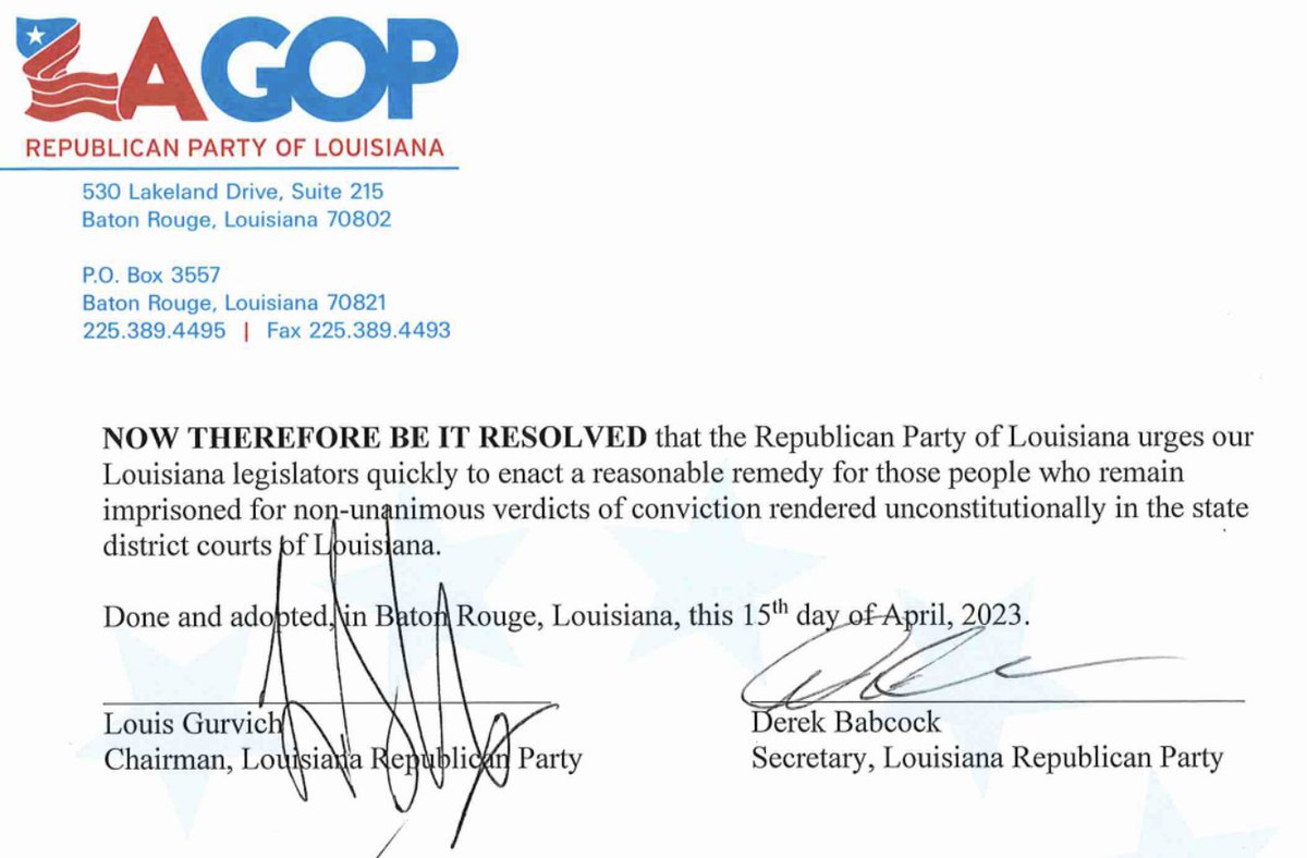 Read the @LAGOP official position in support of 'quickly and reasonably' addressing the 1500 people still in prison behind an unconstitutional verdict. #EndJimCrowJuries The Angola 1000: Forgotten and Condemned.