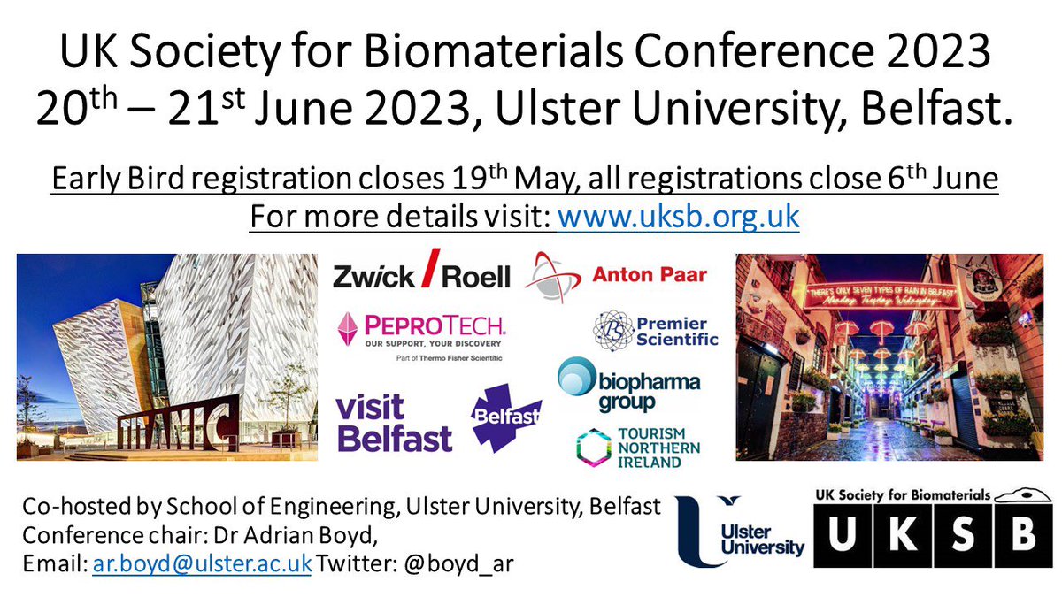 The Earlybird deadline for the UK society for Biomaterials conference <a href="/UlsterUni/">Ulster University</a> Belfast this June has been extended to the 19th May. All registration will close on the 6th June. For further details and the programme of events go to: UKSB.org.Uk