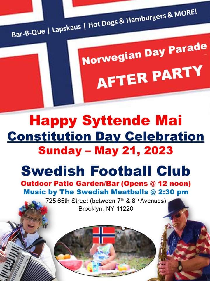 ellenlindstrom's tweet photo. PARTY TIME!  Celebrate the Norwegian Day Parade AFTER-PARADE PARTY @ The Swedish Football Club. Relex &amp; Enjoy the Garden, Lapskaus, BBQ &amp; BAR.  Live Music starts @ 2:30 pm by "The Swedish Meatballs" SKÅL! https://t.co/VL1qbVyIgu
