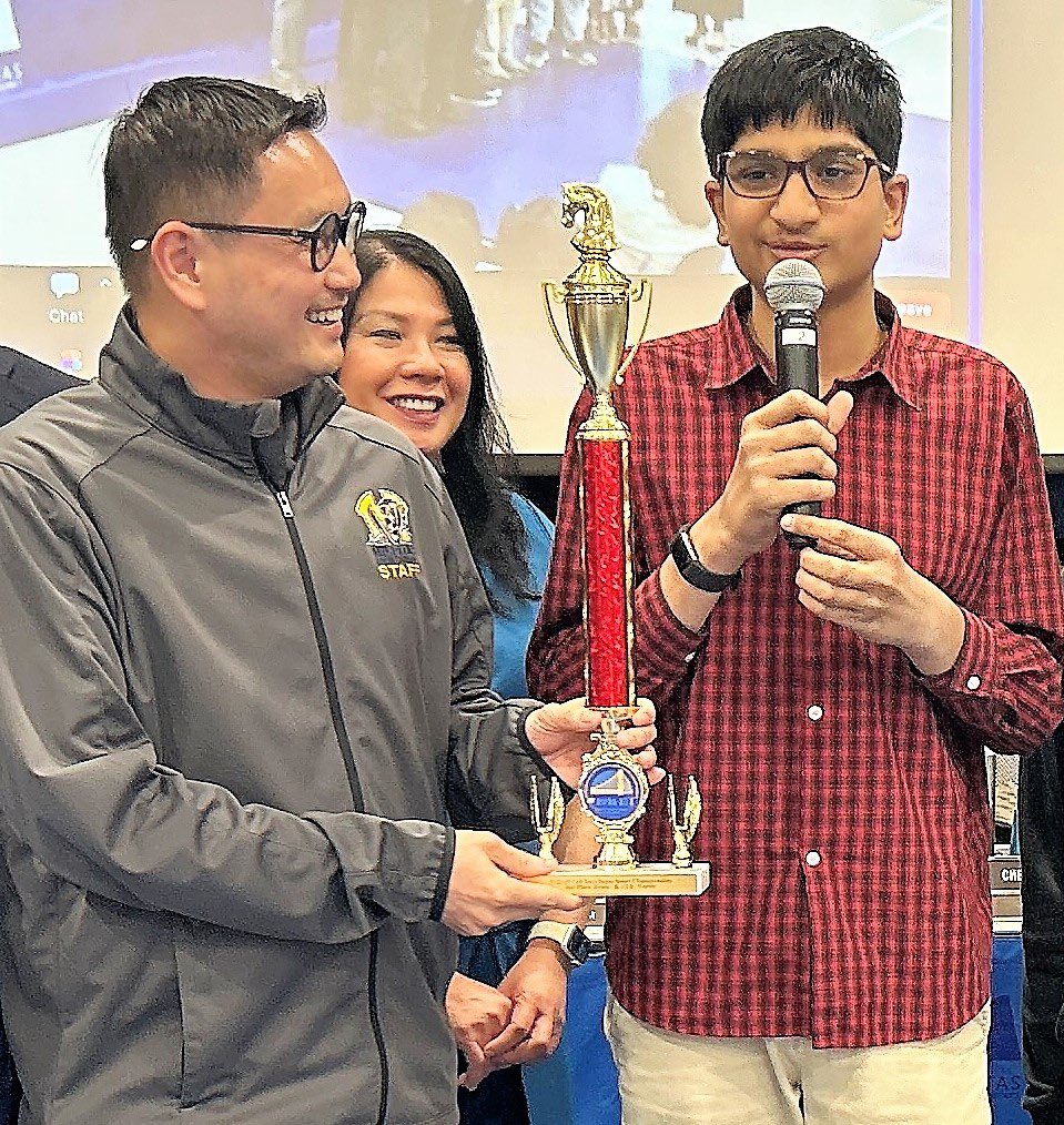 MUSDFamily's tweet photo. #MUSD Board of Ed recognized #MilpitasHS Devesh Mamidi and Om Suthar, who both finished in the Top 5 of the 2022-23 #CalChess K-12 States Championship. Mamidi placed 4th and Suthar 5th to take 2nd as a #MHS team.
The chess duo presented the trophy to Asst Principal Jonathan Mach https://t.co/I5ok9D1t7t