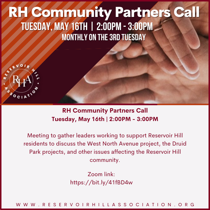 We invite you to join the RH Community Partners Call as this group of organizations discuss ongoing efforts on behalf of the Reservoir Hill residents. One hour, empower.
Join via Zoom: bit.ly/41fBD4w #ReservoirHill #ReservoirHillAssociation #CommunityEngagement