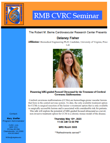 UVA CVRC (@uvacvrc) on Twitter photo Upcoming CVRC Seminar Series featuring Delaney Fisher, Biomedical Engineering Ph.D. Candidate, University of Virginia Price Lab on May 18th. Upcoming CVRC Seminar Series featuring Delaney Fisher, Biomedical Engineering Ph.D. Candidate, University of Virginia Price Lab on May 18th.