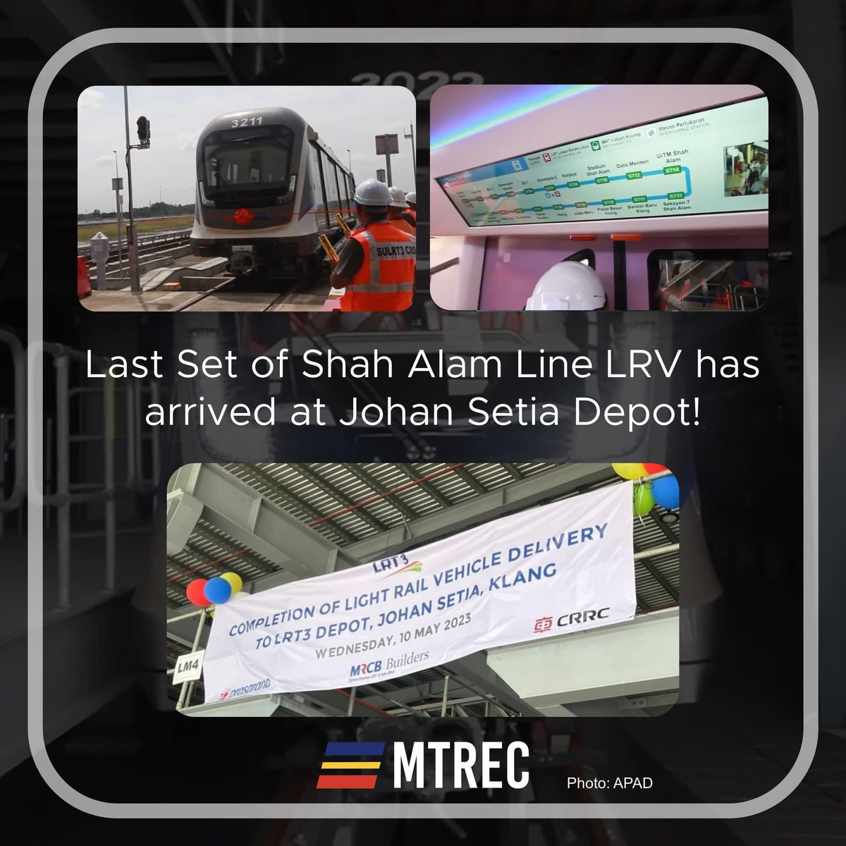 mtrec_official's tweet photo. The last set of Light Rail Vehicle (LRV) for LRT3 has arrived!

LRT3 or also known as Shah Alam Line has finally received all of its 22 sets of 3-car train manufactured and assembled locally by CRRC Zhuzhou on 10 May 2023. https://t.co/cdSAfdQsdK