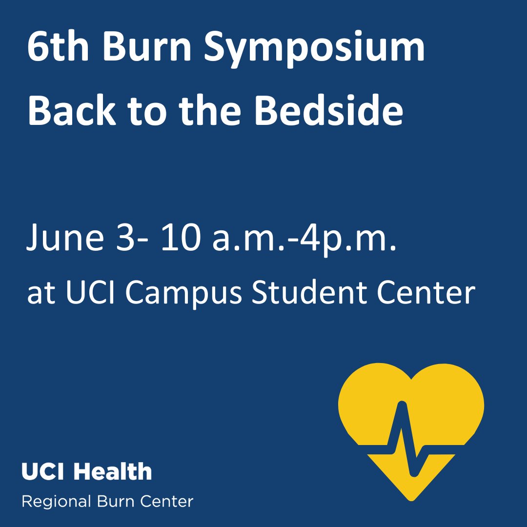 UCIBurnCenter's tweet photo. Registration is still open for our upcoming Burn Symposium on June 3rd! Up to 5 Contact hours for EMS, RN's PT's and OT. Come learn Burn Care with us!

https://t.co/bFr4luKoU7 https://t.co/jdKx65lwf3